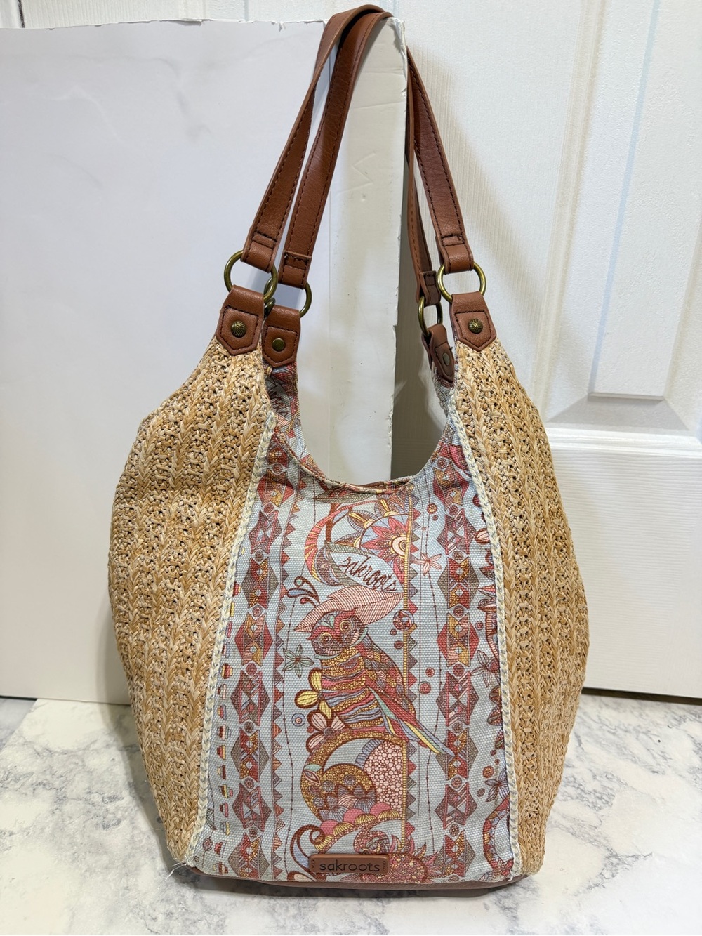 Sakroors Roma Owl straw tote bag and matching wallet phone crossbody set - Picture 5 of 10